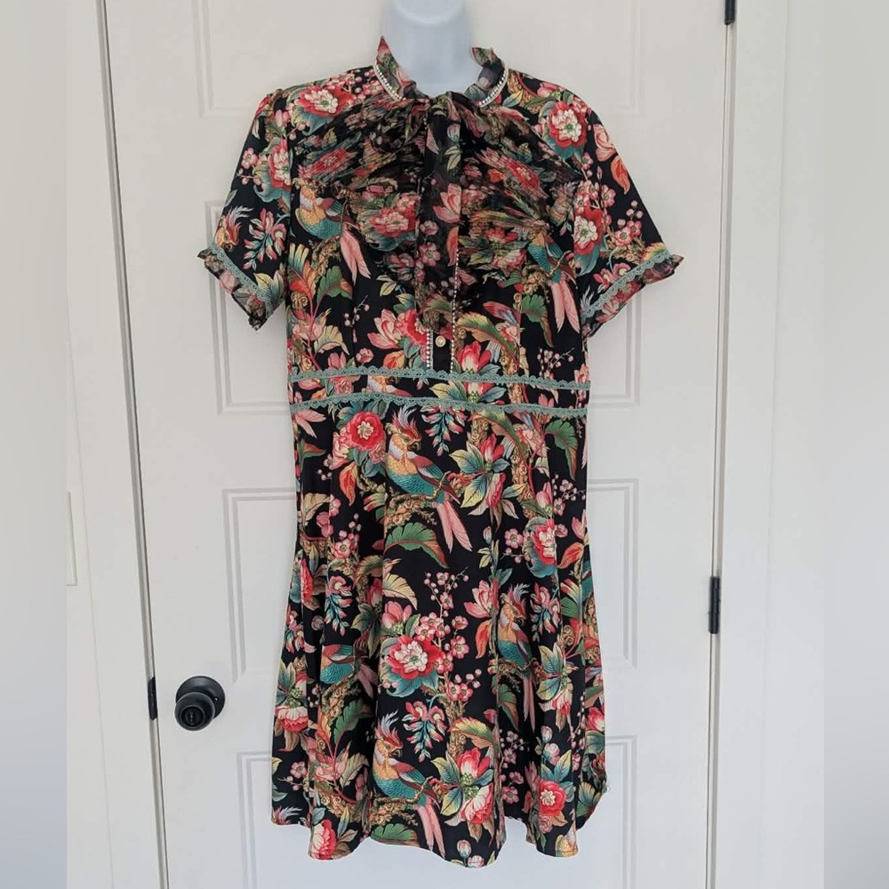 Dalia MacPhee Floral Dress XL Pleated Tie Neck Boho Romantic - Picture 2 of 13